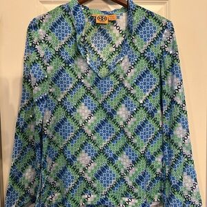 Tory Burch Green and Blue Patterned Women's Top